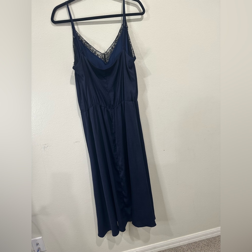 Asos Design Cami Dress Womens Size 14 Navy Blue With Black Lace Trim V Neck - Picture 3 of 12